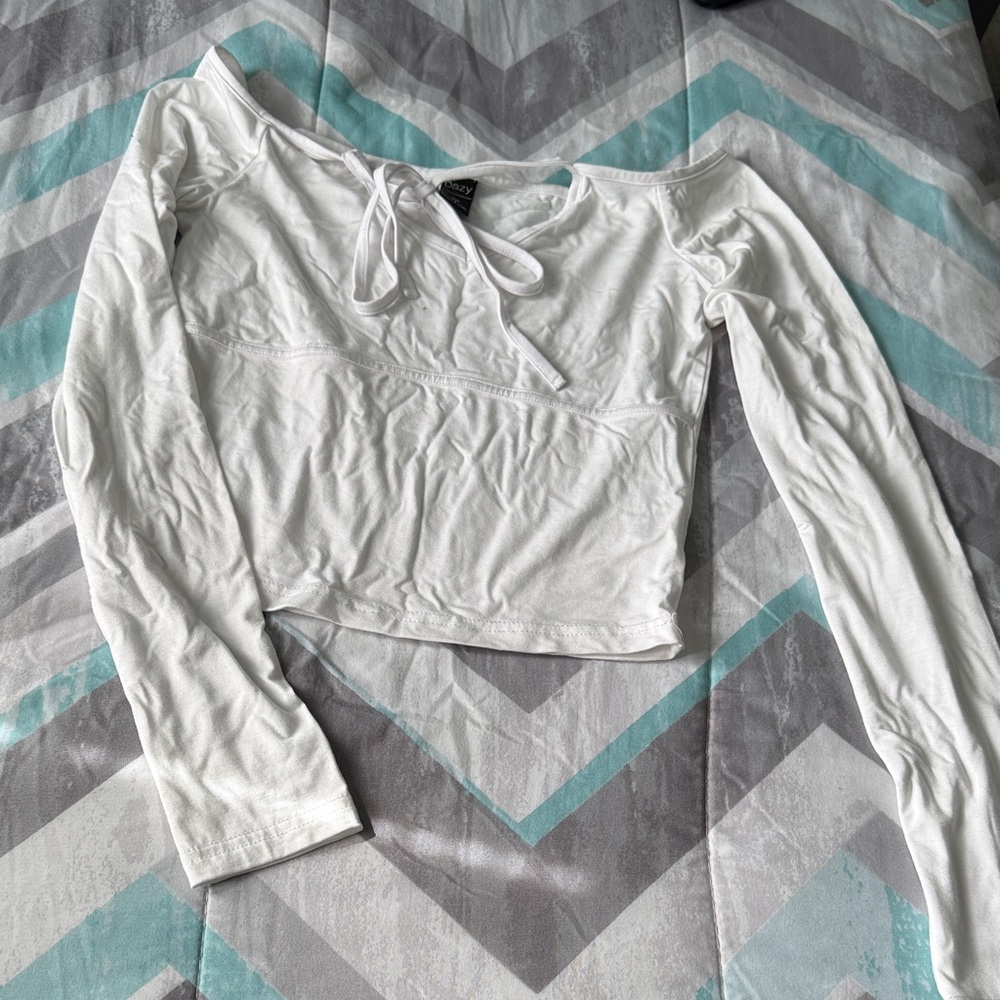 Long-Sleeve White Tie-Front Crop Top